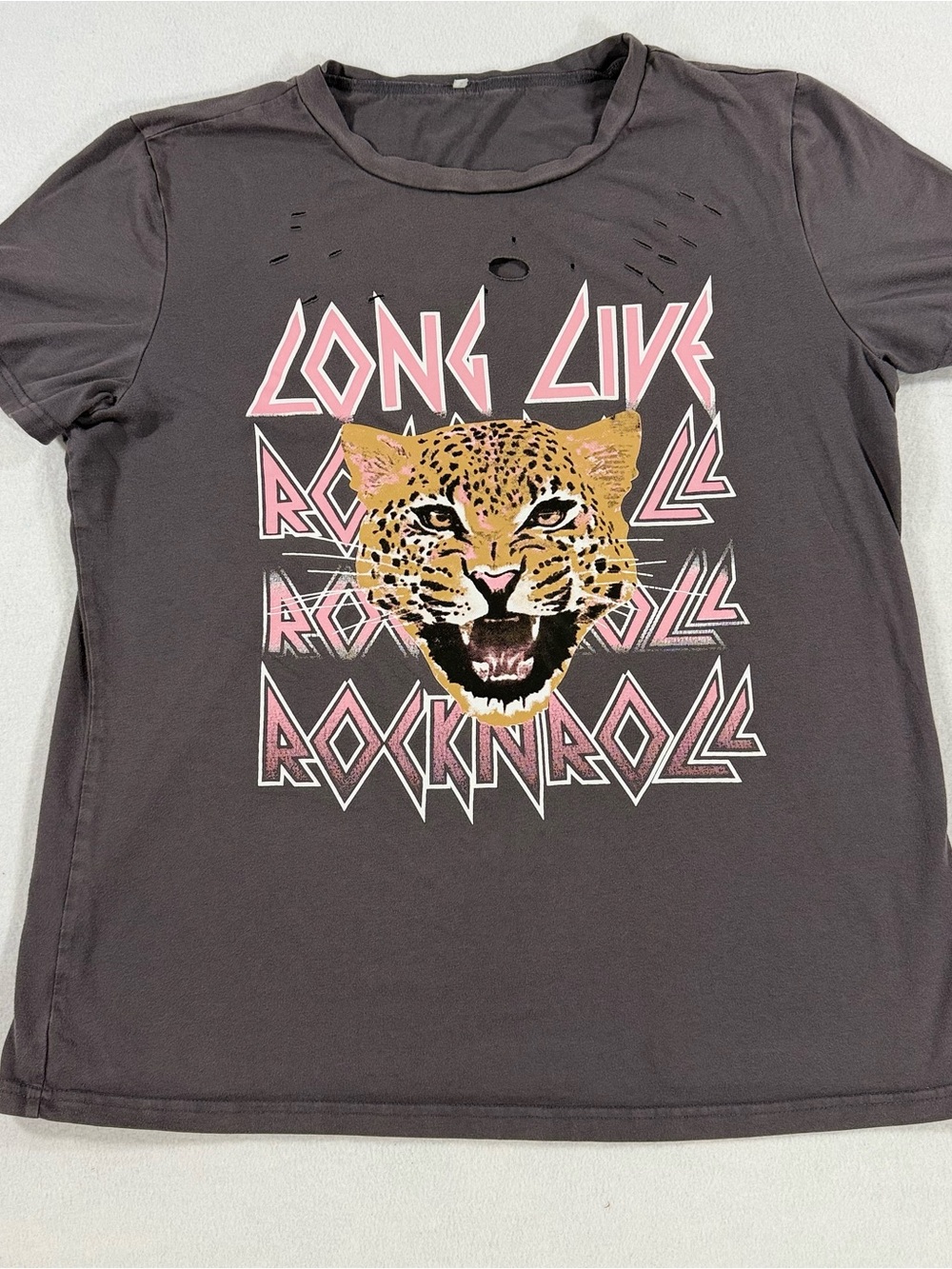 Ladies Long Live Rock And Roll Distressed Graphic Gray Short Sleeve T Size S